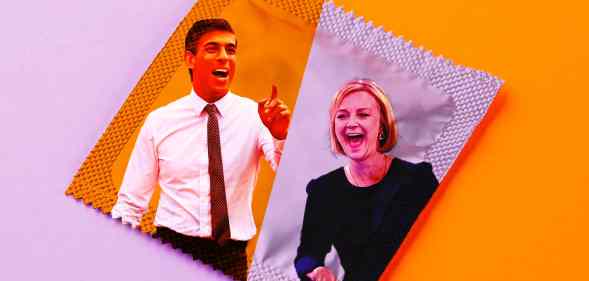 In this illustration, the faces of Liz Truss and Rishi Sunk are printed on a condom wrapper