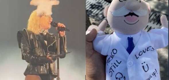 Lady Gaga hit in the head (L) and Dr Simi plushie (R)