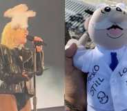 Lady Gaga hit in the head (L) and Dr Simi plushie (R)