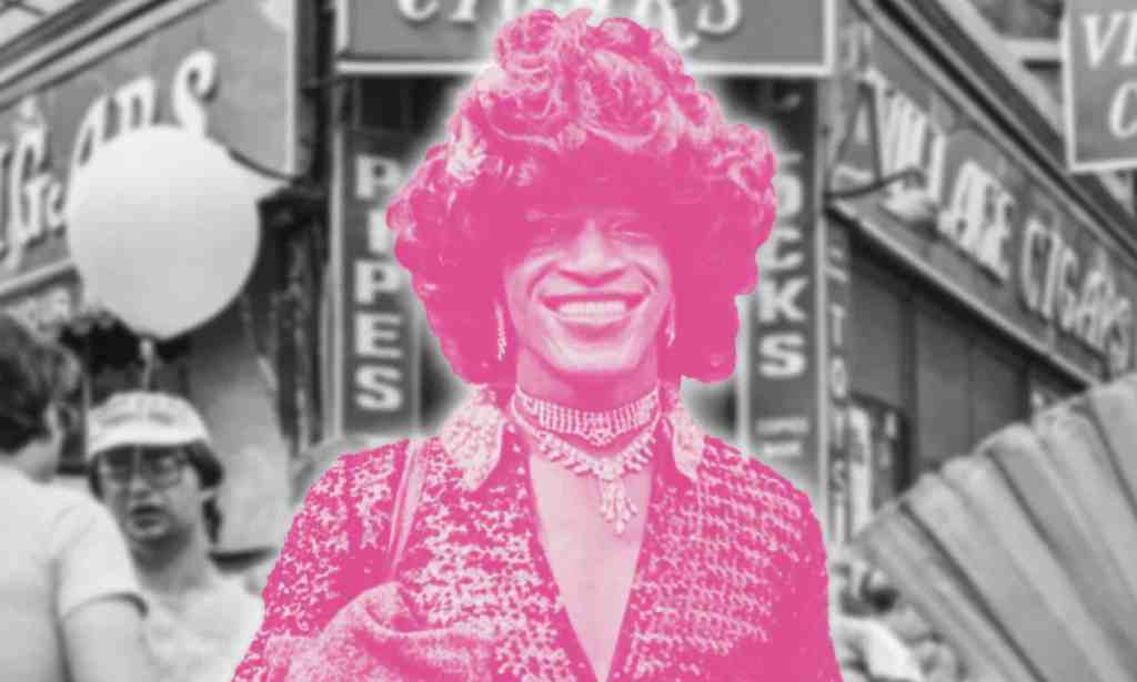A graphic of Marsha P Johnson detailed in pink amid a greyscale background