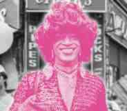 A graphic of Marsha P Johnson detailed in pink amid a greyscale background