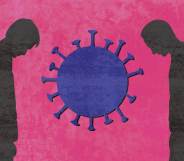 An image showing a pink background with two dark silhouettes of men standing opposite each other with the image of a blue virus graphic