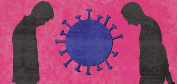 An image showing a pink background with two dark silhouettes of men standing opposite each other with the image of a blue virus graphic