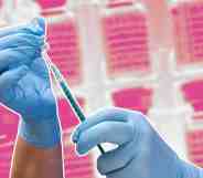 Gloved hands preparing a vaccine on a pink background