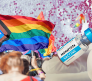 A collage of people marching in Pride, waving the Progress Pride flag, alongside a gloved hand holding a vial of monkeypox vaccine