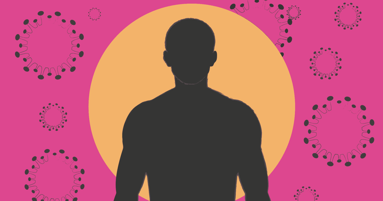 An outline of a man in front of a pink background with monkeypox cells