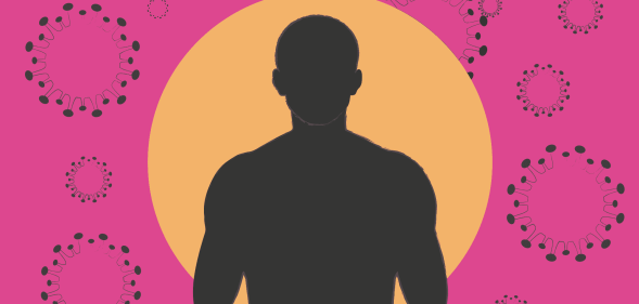 An outline of a man in front of a pink background with monkeypox cells