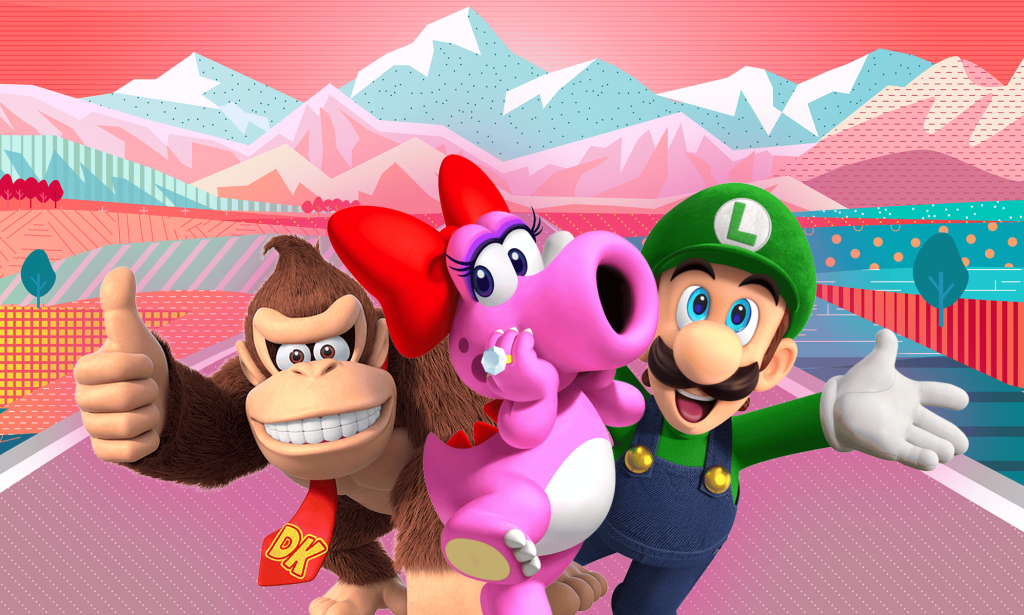 Nintendo characters Donkey Kong, Birdo and Luigi in front of mountains the colour of the trans flag