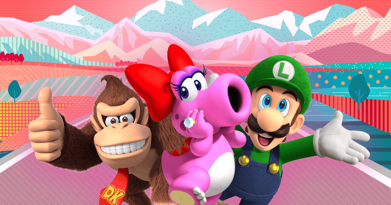 Nintendo characters Donkey Kong, Birdo and Luigi in front of mountains the colour of the trans flag