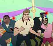 A group of people stand ready to attack.