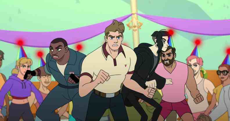 A group of people stand ready to attack.