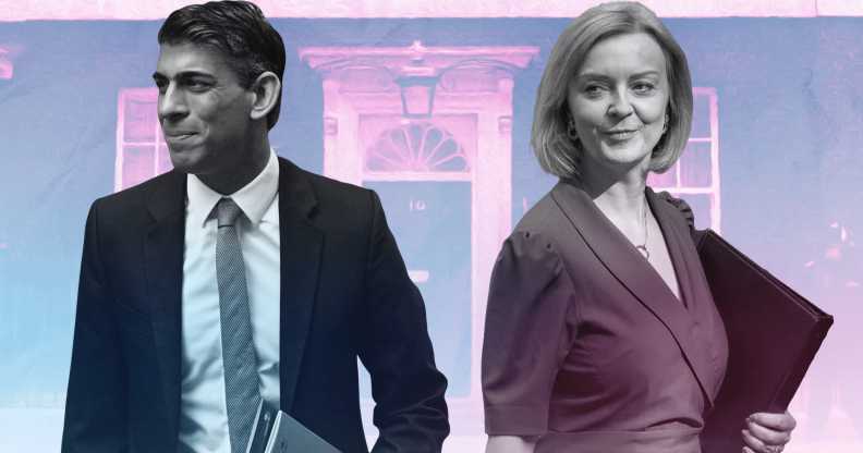 Rishi Sunak (L) and Liz Truss (R) against an edited background of 10 Downing Street lit up in pink colours.