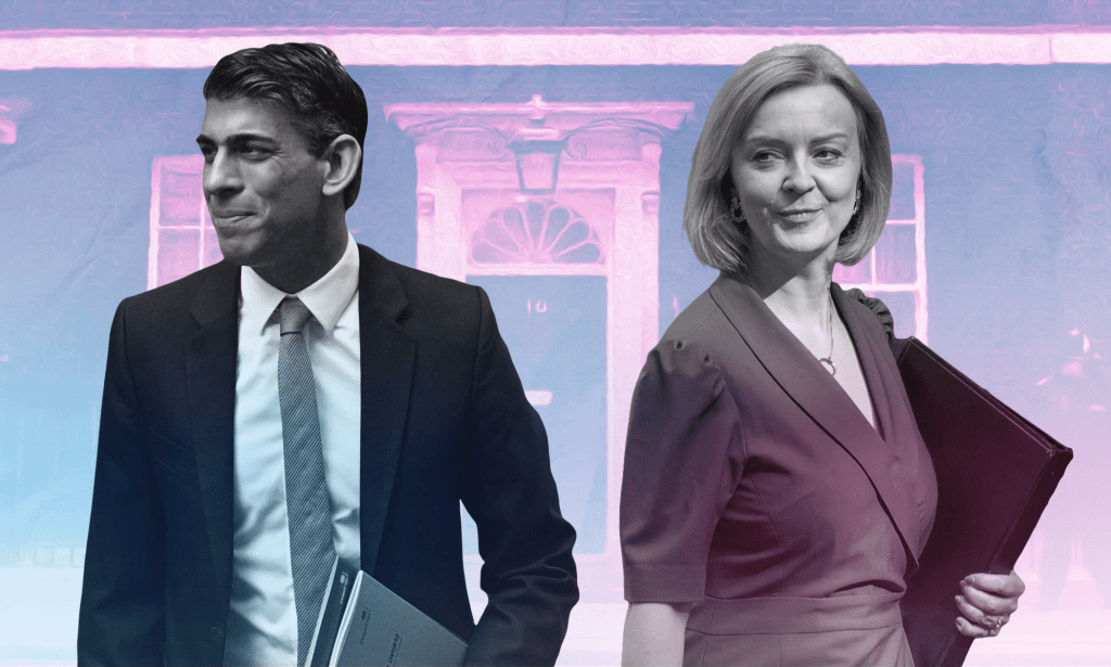 Rishi Sunak (L) and Liz Truss (R) against an edited background of 10 Downing Street lit up in pink colours.