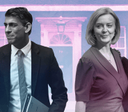 Rishi Sunak (L) and Liz Truss (R) against an edited background of 10 Downing Street lit up in pink colours.