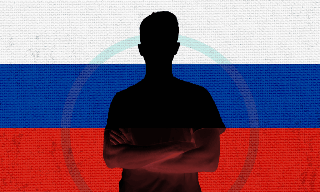 Collage of a shadowy photo of a man with crossed arms in front of a Russian flag