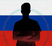 Collage of a shadowy photo of a man with crossed arms in front of a Russian flag