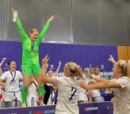 Triumphant lionesses gatecrash press conference singing It's Coming Home