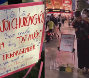 Trans woman stands in street with 'hug me or throw water on me' sign