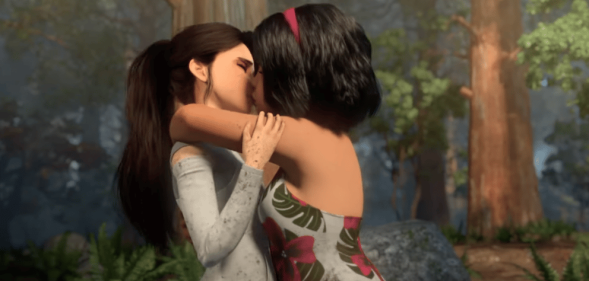 Two female characters kiss in the Netflix cartoon Jurassic World Camp Cretaceous