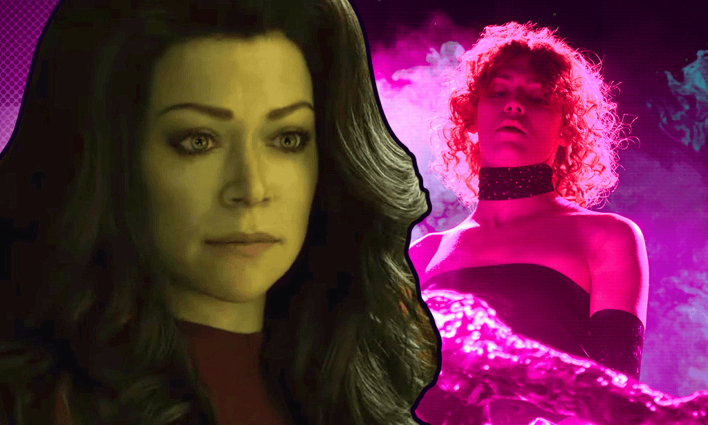 Photo of Tatiana Maslany as She-Hulk, and photo of Sophie bathed in pink light