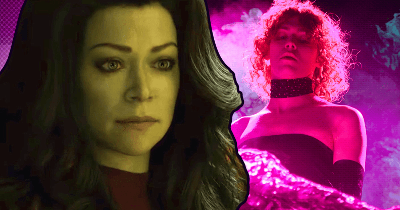Photo of Tatiana Maslany as She-Hulk, and photo of Sophie bathed in pink light