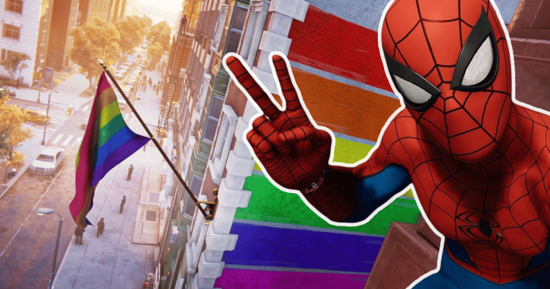 Spider-Man giving the peace symbol aside a Greenwich Pride flag