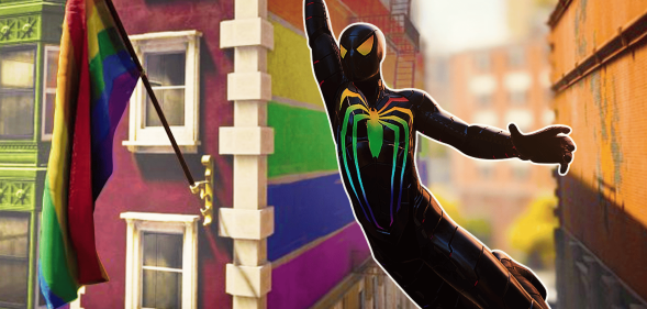 A Pride-themed Spider-Man costume behind one of the Pride flags seen in the game.