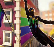 A Pride-themed Spider-Man costume behind one of the Pride flags seen in the game.