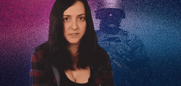 A cutout of Keffals infront of an armed police officer