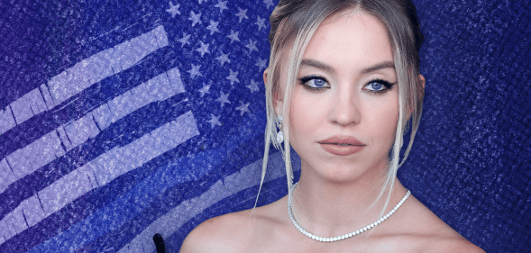 Sydney Sweeney with a backdrop of the Blue Lives Matter flag