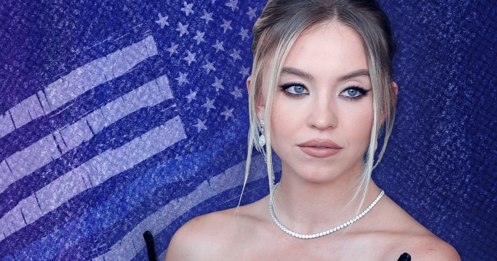 Sydney Sweeney with a backdrop of the Blue Lives Matter flag