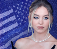 Sydney Sweeney with a backdrop of the Blue Lives Matter flag