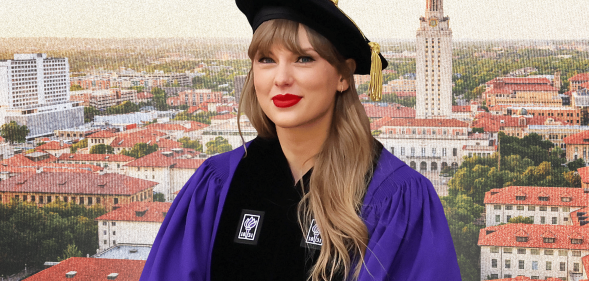 Taylor Swift in her NYU honorary graduate speaker robes photoshopped onto backdrop of city.