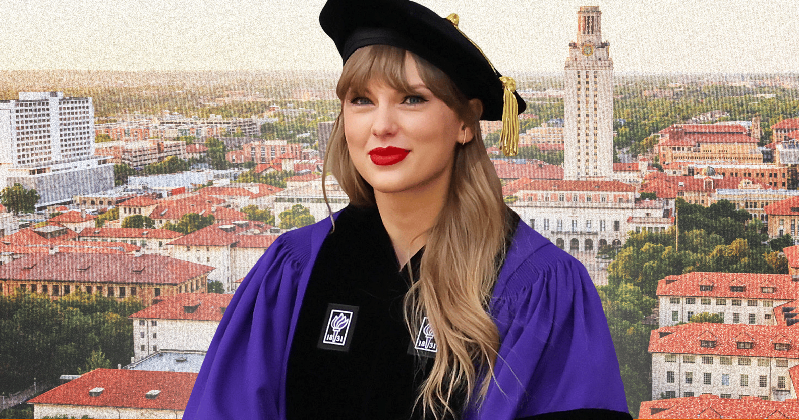 Taylor Swift in her NYU honorary graduate speaker robes photoshopped onto backdrop of city.