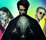 The Sandman, flanked by the characters Joanna Constantine (left) and Corinthian (right)