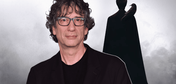 Neil Gaiman and a shadowed figure