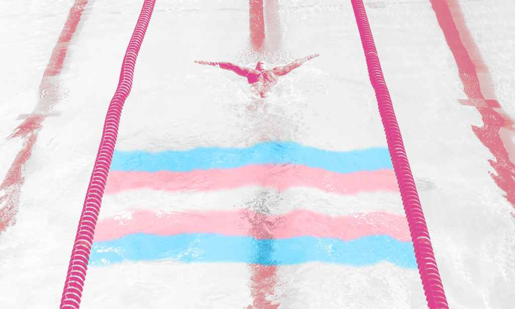 A photo of a swimmer in a lane, with the trans flag superimposed