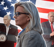 A graphic depicting Liz Cheney in front of Donald Trump and Mike Pence with a US flag in the background