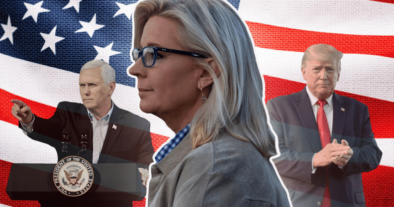 A graphic depicting Liz Cheney in front of Donald Trump and Mike Pence with a US flag in the background