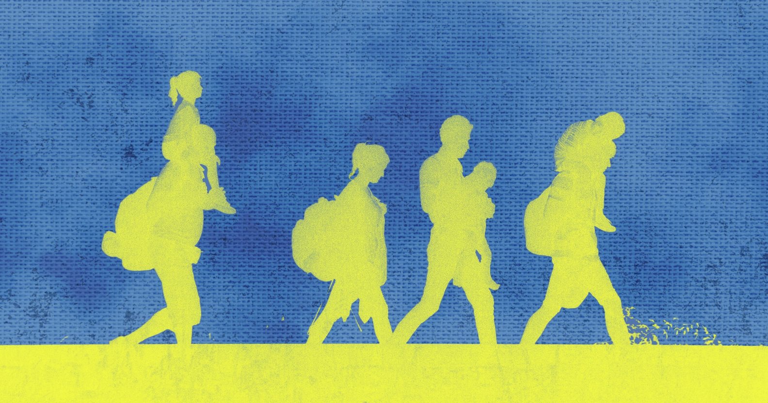 An image of a family fleeing violence in Ukraine. The family are silhouetted in the colours of the Ukrainian flag.