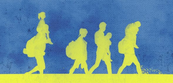 An image of a family fleeing violence in Ukraine. The family are silhouetted in the colours of the Ukrainian flag.