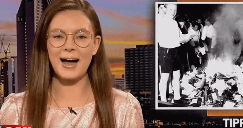 Kara McKinney next to a picture of Nazis