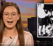 Kara McKinney next to a picture of Nazis