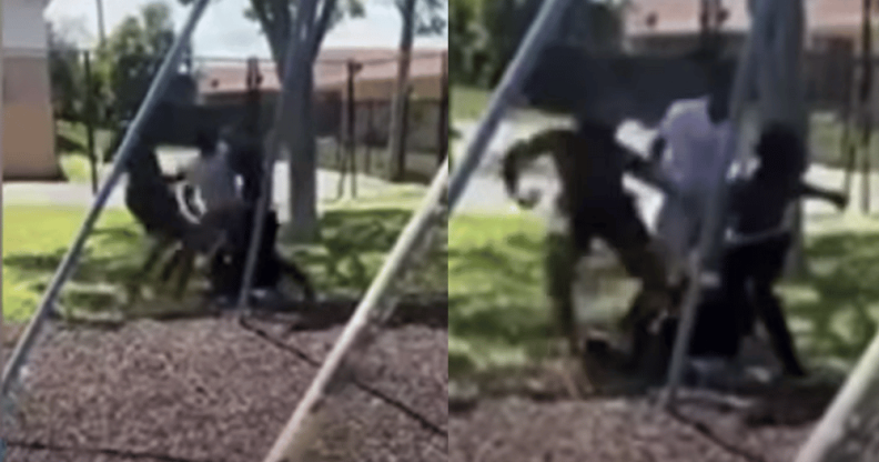 Two photos of a young boy being beaten.
