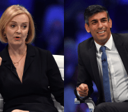 Liz Truss and Rishi Sunak sit on stage during a leadership hustings.