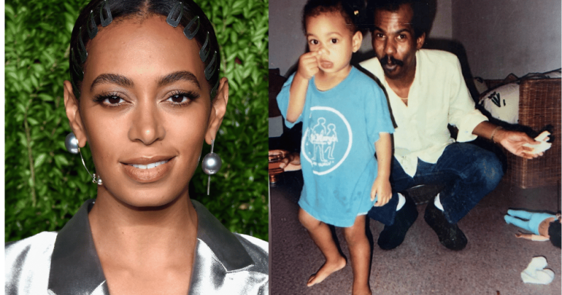 Two images are shown; the first on the left is of Solange Knowles as an adult, the second picture is of an old family photo showing Solange when she was a child with her uncle Johnny