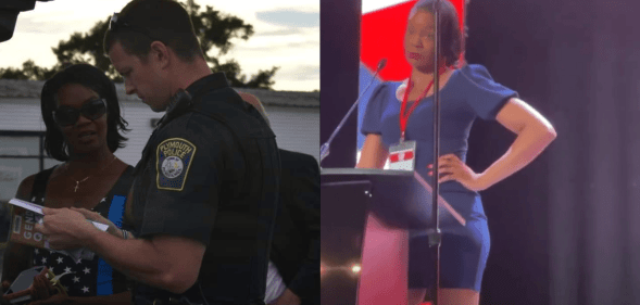 A split screen of Rayla Campbell, both beach searched by the police and speaking at an event.