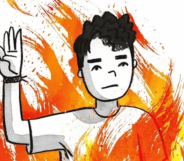 The cover of the booker Flamer with a young man holding his hand up surrounded by flames.