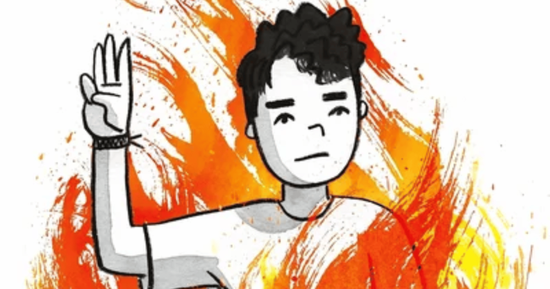 The cover of the booker Flamer with a young man holding his hand up surrounded by flames.