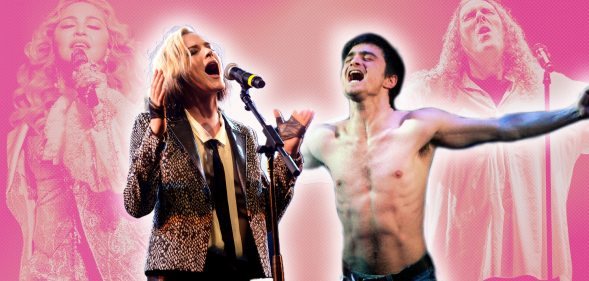 Pictures of Evan Rachel Wood as Madonna and Daniel Radcliffe as Weird Al with their real-life counterparts
